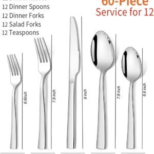 Silverware Set for 12, CXJY 60-Piece Stainless Steel Flatware Cutlery Set, Square Edge Kitchen Utensil Include Knives/Forks/Spoons, Tableware for Home/Hotel, Mirror Polished Dishwasher Safe