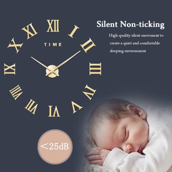 VREAONE Large 3D DIY Wall Clock, Giant Roman Numerals Clock Frameless Mirror Big Wall Clock Home Decoration for Home Living Room Bedroom Wall Decorations(Gold)