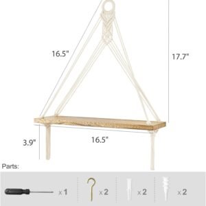 Mkono Macrame Hanging Shelves Boho Wall Decor Set of 2 Rustic Wood Floating Storage Shelf for Bedroom Bathroom Living Room Nursery Dorm Room, Display Shelving for Hanging Plants Photos