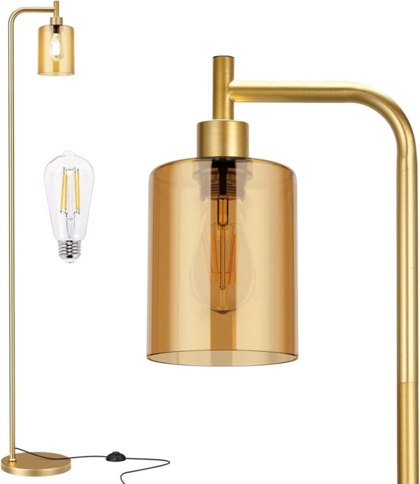 Industrial Floor Lamp with Glass Shade - Black, LED Bulbs, Foot Pedal Switch, Easy Assembly