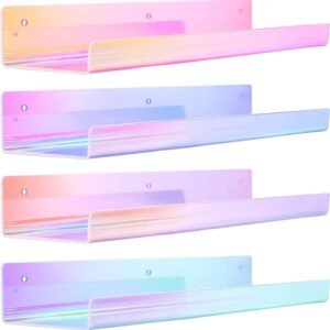 upsimples 4 Pack Acrylic Shelves for Wall Storage, 15" Floating Bookshelves for Kids, Display Shelf Organizer for Bathroom, Bedroom, Living Room, Kitchen, Room Decor, Clear