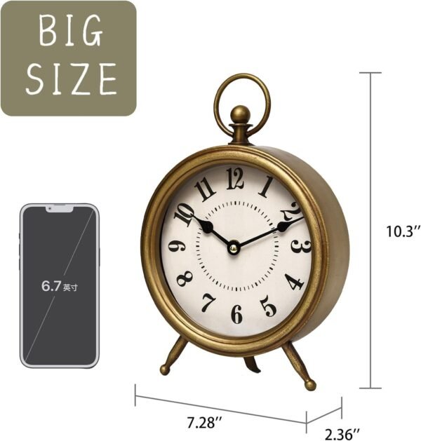 61W3dNUWHeL._AC_SL1500.jpg Vintage Table Clock on Stand, Decorative Desk and Shelf Clock Rustic Mantel Clock Non-Ticking, Metal Frame with Antique Gold Finish