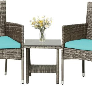 3 Piece Furniture Patio Chairs Wicker Outdoor Rattan Conversation Bistro Set for Backyard Porch Poolside Lawn (Brown)