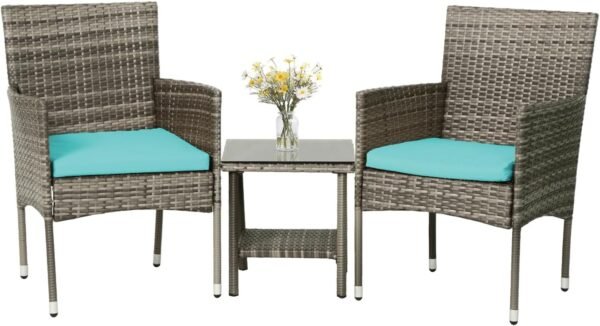 3 Piece Furniture Patio Chairs Wicker Outdoor Rattan Conversation Bistro Set for Backyard Porch Poolside Lawn (Brown)