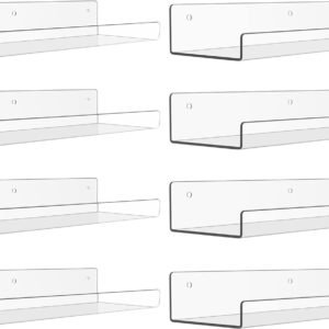 upsimples 4 Pack Acrylic Shelves for Wall Storage, 15" Floating Bookshelves for Kids, Display Shelf Organizer for Bathroom, Bedroom, Living Room, Kitchen, Room Decor, Clear