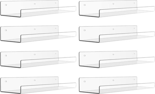 upsimples 4 Pack Acrylic Shelves for Wall Storage, 15" Floating Bookshelves for Kids, Display Shelf Organizer for Bathroom, Bedroom, Living Room, Kitchen, Room Decor, Clear