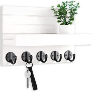 Key Holder for Wall, Decorative Key and Mail Holder with Shelf Has Large Hooks for Bags, Coats, Umbrella – Paulownia Wood Key Hanger with Mounting Hardware (9.8”W x 6.7”H x 4.2”D)