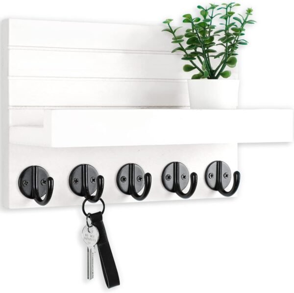 Key Holder for Wall, Decorative Key and Mail Holder with Shelf Has Large Hooks for Bags, Coats, Umbrella – Paulownia Wood Key Hanger with Mounting Hardware (9.8”W x 6.7”H x 4.2”D)