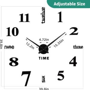 VREAONE Frameless DIY Wall Clock,Large Modern 3D Mirror Sticker kit for Home Living Room Bedroom Office Wall Decorations(Black)