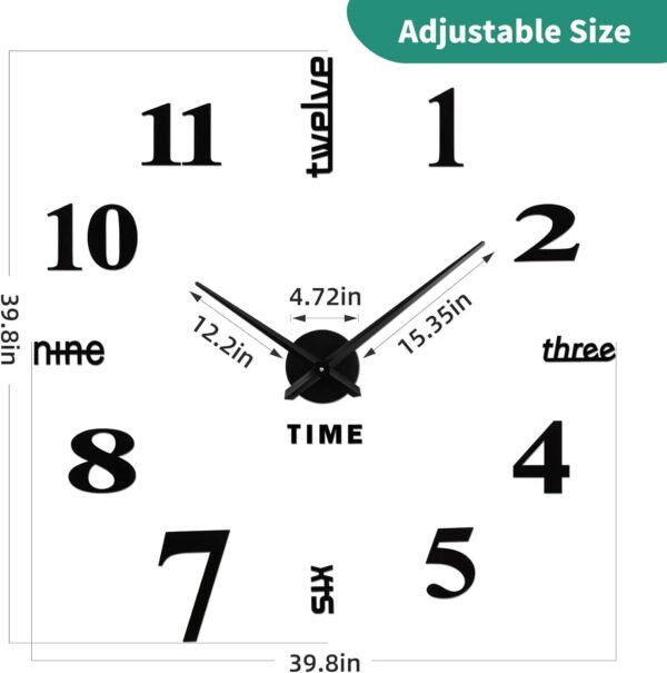 VREAONE Frameless DIY Wall Clock,Large Modern 3D Mirror Sticker kit for Home Living Room Bedroom Office Wall Decorations(Black)