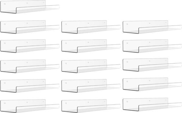 upsimples 4 Pack Acrylic Shelves for Wall Storage, 15" Floating Bookshelves for Kids, Display Shelf Organizer for Bathroom, Bedroom, Living Room, Kitchen, Room Decor, Clear