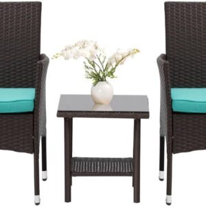 3 Piece Furniture Patio Chairs Wicker Outdoor Rattan Conversation Bistro Set for Backyard Porch Poolside Lawn (Brown)