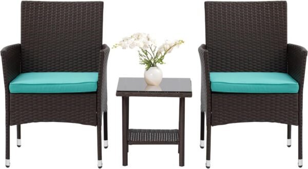3 Piece Furniture Patio Chairs Wicker Outdoor Rattan Conversation Bistro Set for Backyard Porch Poolside Lawn (Brown)
