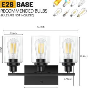 Bathroom Light Fixtures, 3-Light Bathroom Vanity Light, Matte Black Vanity Light with Clear Glass Shade, Modern Bathroom Lights Over Mirror, Vanity Lighting Fixtures for Bathroom, Living Room, Hallway