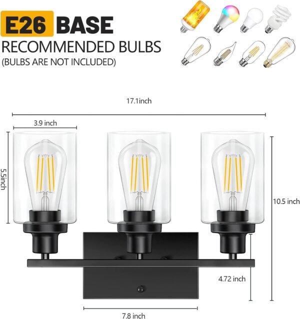 Bathroom Light Fixtures, 3-Light Bathroom Vanity Light, Matte Black Vanity Light with Clear Glass Shade, Modern Bathroom Lights Over Mirror, Vanity Lighting Fixtures for Bathroom, Living Room, Hallway