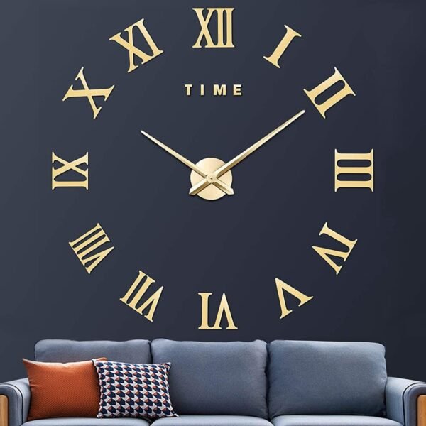 VREAONE Large 3D DIY Wall Clock, Giant Roman Numerals Clock Frameless Mirror Big Wall Clock Home Decoration for Home Living Room Bedroom Wall Decorations(Gold)