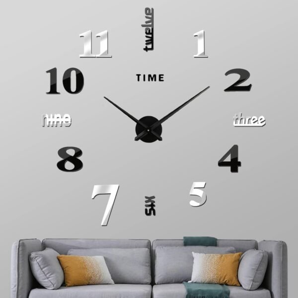 VREAONE Frameless DIY Wall Clock,Large Modern 3D Mirror Sticker kit for Home Living Room Bedroom Office Wall Decorations(Black)