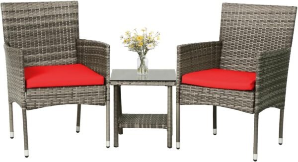 3 Piece Furniture Patio Chairs Wicker Outdoor Rattan Conversation Bistro Set for Backyard Porch Poolside Lawn (Brown)