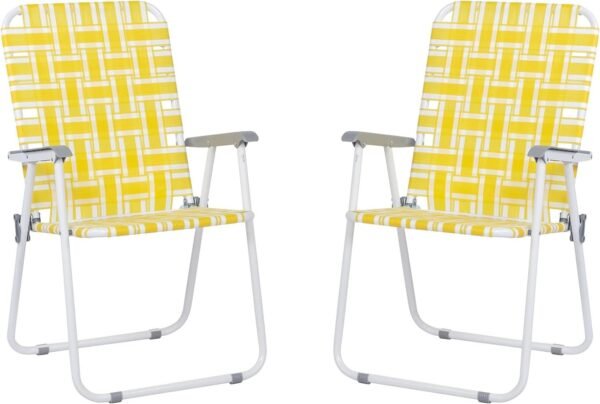 Set of 2 Patio Folding Lawn Chair, Outdoor Beach Chair Portable Camping Chair, Webbed Folding Chair for Yard, Garden (Yellow)
