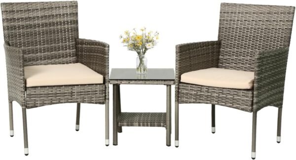 3 Piece Furniture Patio Chairs Wicker Outdoor Rattan Conversation Bistro Set for Backyard Porch Poolside Lawn (Brown)