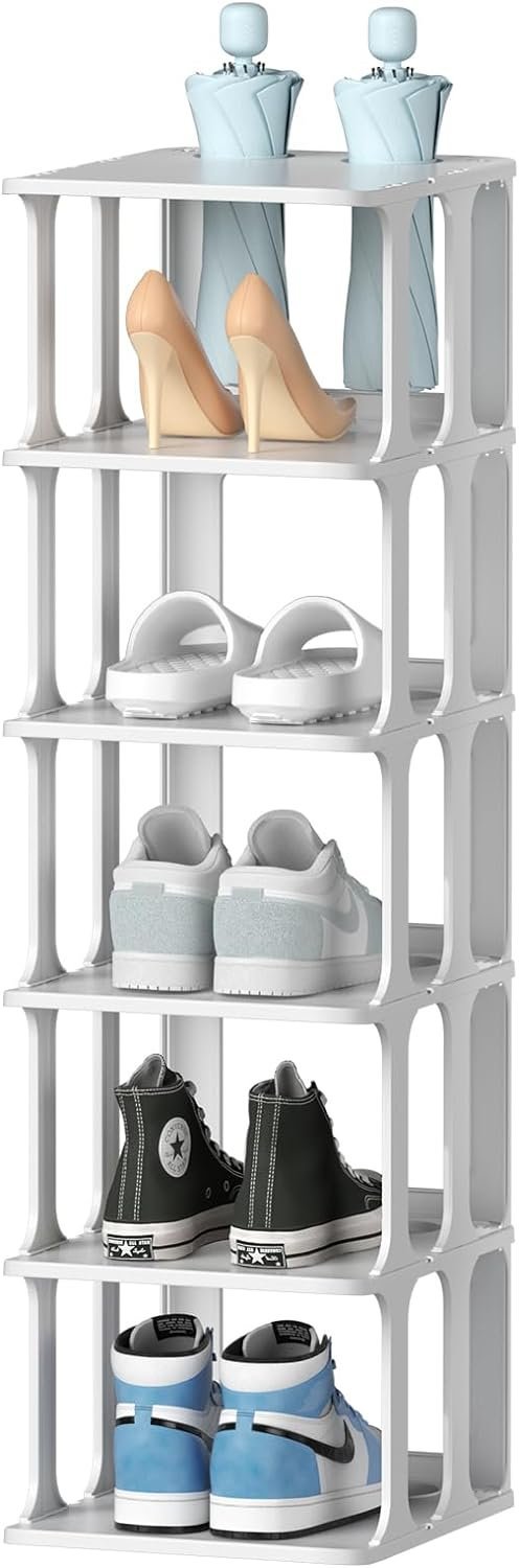 6 Tier Narrow Shoe Rack, Small Stackable Shoe Stand, Space Saving Furniture Shoe Storage Organizer for Entryway, Closet, Vertical Shoe Tower Rack
