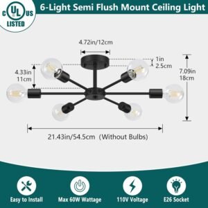 61gC_xd5XrL._AC_SL1500.jpg 6-Lights Semi Flush Mount Ceiling Light, Matte Black Close to Ceiling Lighting with E26 Base, Modern Sputnik Light Fixtures for Kitchen Dining Room Bedroom Living Room