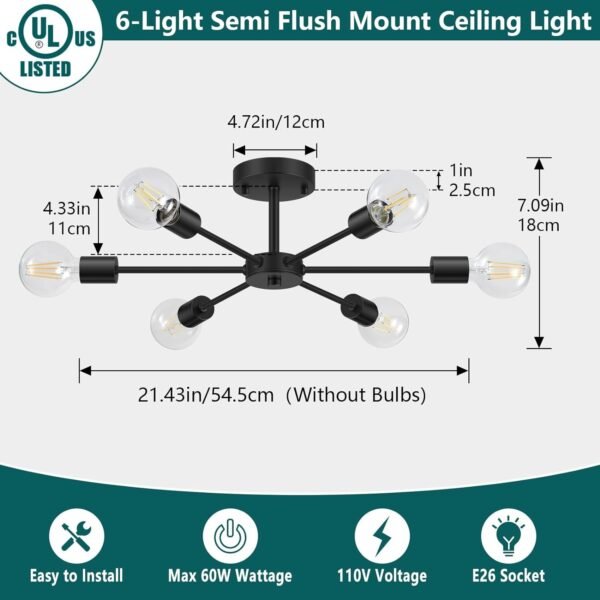 61gC_xd5XrL._AC_SL1500.jpg 6-Lights Semi Flush Mount Ceiling Light, Matte Black Close to Ceiling Lighting with E26 Base, Modern Sputnik Light Fixtures for Kitchen Dining Room Bedroom Living Room