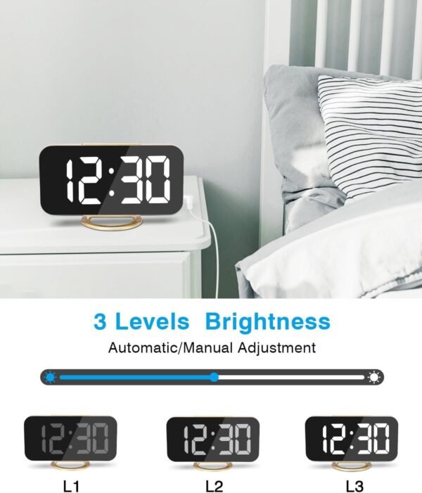 61gHmo_gtoL._AC_SL1500.jpg Digital Alarm Clock,7 in LED Mirrored Clocks Large Display,with 2 USB Charger Ports,Auto Dim,Night Mode,Modern Desktop Electronic Clocks for Bedroom Home Office Decor - Gold