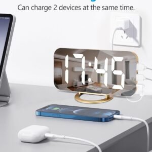 61iparUl-EL._AC_SL1500.jpg Digital Alarm Clock,7 in LED Mirrored Clocks Large Display,with 2 USB Charger Ports,Auto Dim,Night Mode,Modern Desktop Electronic Clocks for Bedroom Home Office Decor - Gold