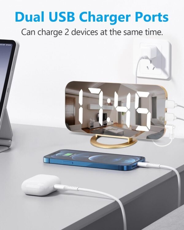 61iparUl-EL._AC_SL1500.jpg Digital Alarm Clock,7 in LED Mirrored Clocks Large Display,with 2 USB Charger Ports,Auto Dim,Night Mode,Modern Desktop Electronic Clocks for Bedroom Home Office Decor - Gold