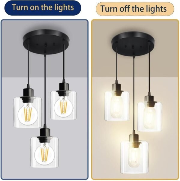 3-Lights Pendant Light Fixture, Hanging Light Fixture Kitchen Island,Black Pendant Lighting for Kitchen Bedroom Hallway, Dining Room Light Fixtures, E26 Base,Clear Glass Shade