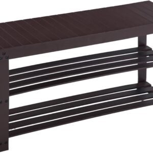 Apicizon Bamboo Shoe Rack for Entryway, 3-Tier Shoe Rack Bench for Front Indoor Entrance, Small Shoe Organizer with Storage, 35.4 Inches, Black