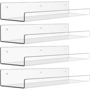 upsimples 4 Pack Acrylic Shelves for Wall Storage, 15" Floating Bookshelves for Kids, Display Shelf Organizer for Bathroom, Bedroom, Living Room, Kitchen, Room Decor, Clear
