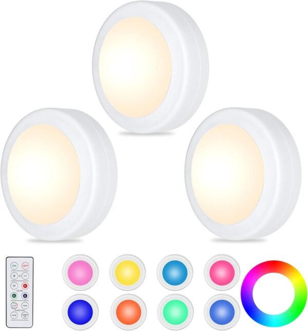 Yiliaw 12 Pack LED Puck Lights Remote Control 16 Color Changeable Under Cabinet Lights, Battery Operated Lights Night Light with Dimmer & Timmer for Closet Bedroom Kitchen, White