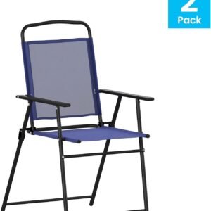 61lvIBMTWaL._AC_SL1500.jpg Flash Furniture Mystic Folding Patio Sling Chairs, Outdoor Textilene Lawn Chairs with Armrests, Set of 2, Navy