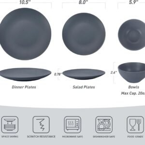 Famiware Moon Dinnerware Sets for 4, 12 Piece Stoneware Plates and Bowls Sets with Speckled Design, Matte Dish Set, Microwave and Dishwasher Safe, Charcoal