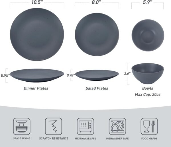 Famiware Moon Dinnerware Sets for 4, 12 Piece Stoneware Plates and Bowls Sets with Speckled Design, Matte Dish Set, Microwave and Dishwasher Safe, Charcoal