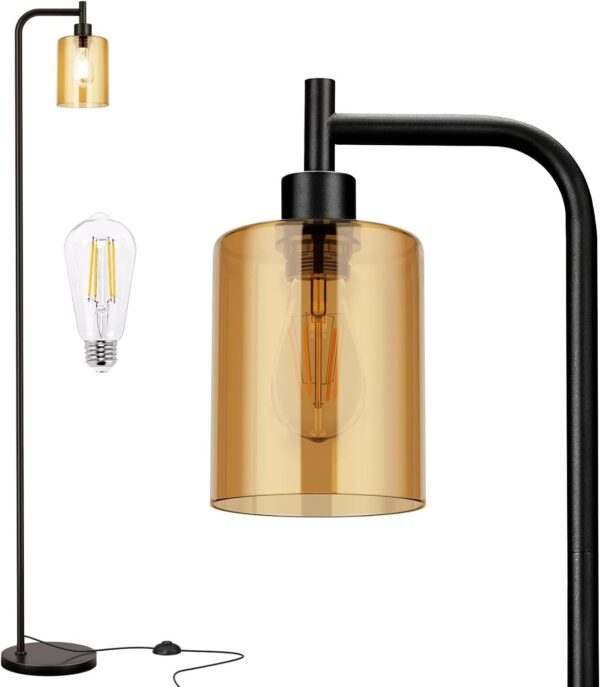 Industrial Floor Lamp with Glass Shade - Black, LED Bulbs, Foot Pedal Switch, Easy Assembly