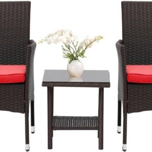 3 Piece Furniture Patio Chairs Wicker Outdoor Rattan Conversation Bistro Set for Backyard Porch Poolside Lawn (Brown)