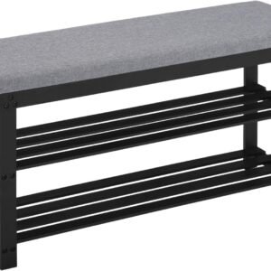 Apicizon Bamboo Shoe Rack for Entryway, 3-Tier Shoe Rack Bench for Front Indoor Entrance, Small Shoe Organizer with Storage, 35.4 Inches, Black