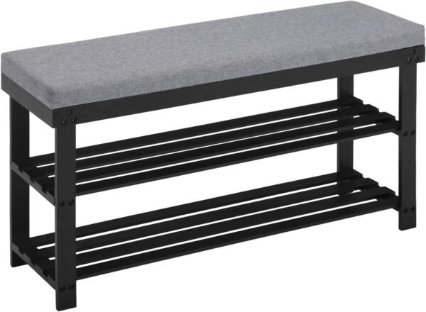 Apicizon Bamboo Shoe Rack for Entryway, 3-Tier Shoe Rack Bench for Front Indoor Entrance, Small Shoe Organizer with Storage, 35.4 Inches, Black