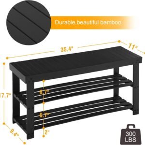 Apicizon Bamboo Shoe Rack for Entryway, 3-Tier Shoe Rack Bench for Front Indoor Entrance, Small Shoe Organizer with Storage, 35.4 Inches, Black