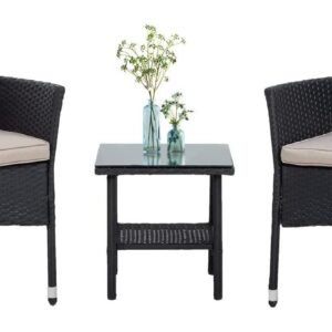 3 Piece Furniture Patio Chairs Wicker Outdoor Rattan Conversation Bistro Set for Backyard Porch Poolside Lawn (Brown)