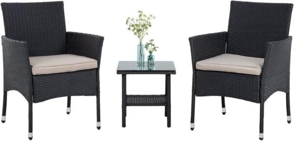 3 Piece Furniture Patio Chairs Wicker Outdoor Rattan Conversation Bistro Set for Backyard Porch Poolside Lawn (Brown)