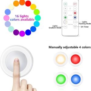 Yiliaw 12 Pack LED Puck Lights Remote Control 16 Color Changeable Under Cabinet Lights, Battery Operated Lights Night Light with Dimmer & Timmer for Closet Bedroom Kitchen, White
