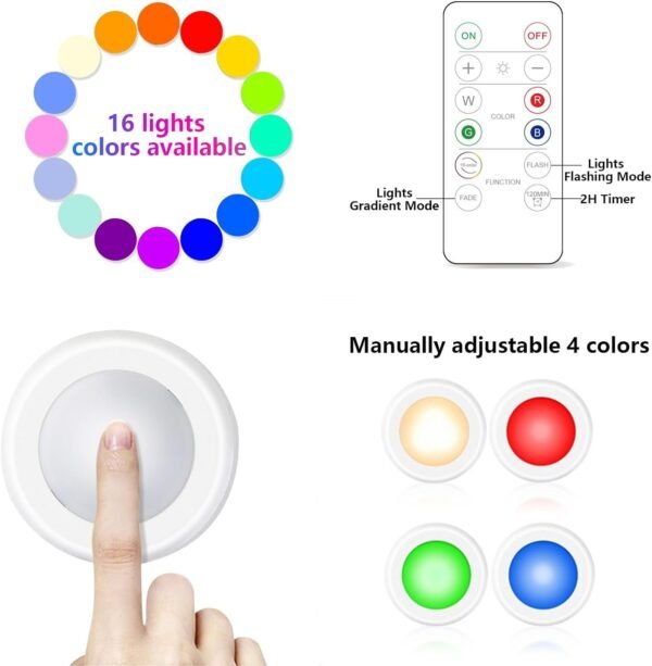 Yiliaw 12 Pack LED Puck Lights Remote Control 16 Color Changeable Under Cabinet Lights, Battery Operated Lights Night Light with Dimmer & Timmer for Closet Bedroom Kitchen, White