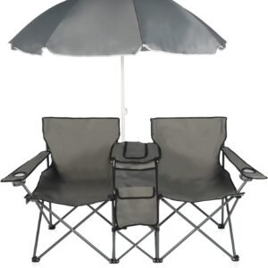 Double Folding Camping Chair W/Umbrella Fold Up Table Beverage Holder Carrying Bag Cooler for Patio Pool Park Outdoor Beach, Picnic, Portable (Grey)