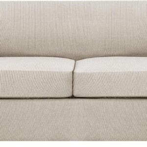 61wht2TqMuL._AC_SL1500.jpg H.VERSAILTEX 3 Piece Stretch Sofa Covers for 2 Cushion Sofa Couch Covers for Living Room Furniture Cover (Base Cover Plus 2 Seat Cushion Covers) Thicker Jacquard Fabric(Large Sofa, Grey)