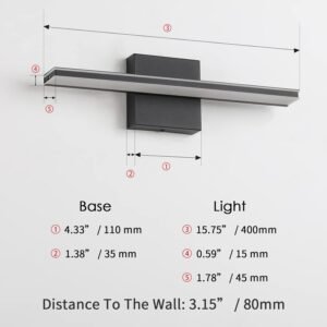 wowatt 9W Bathroom Vanity Light Fixture Matte Black Wall Light Fixture Over Mirror Cold White 5000K Bathroom Light Fixture 16" 40cm Washroom Light for Bedroom Living Room Art Display Dressing Table