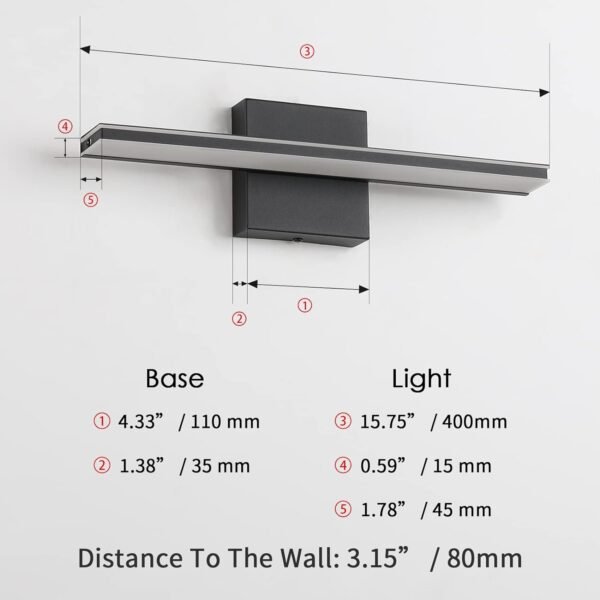 wowatt 9W Bathroom Vanity Light Fixture Matte Black Wall Light Fixture Over Mirror Cold White 5000K Bathroom Light Fixture 16" 40cm Washroom Light for Bedroom Living Room Art Display Dressing Table